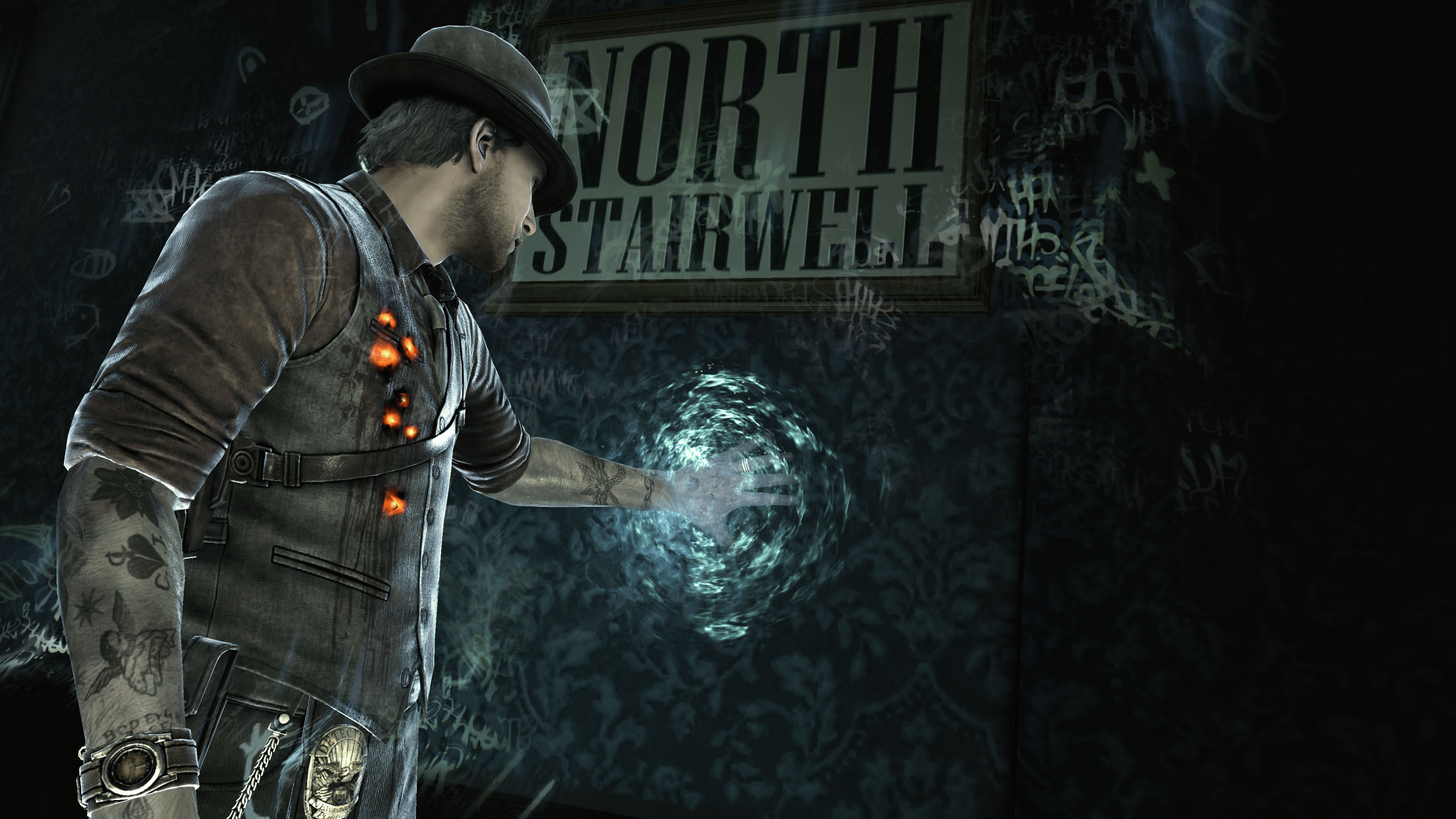 Passing through walls is the most interesting gameplay conceit explored in the game Screenshot from Murdered: Soul Suspect that shows the protagonist Ronan reaching his hand through a wall under a sign that reads "North Stairwell"